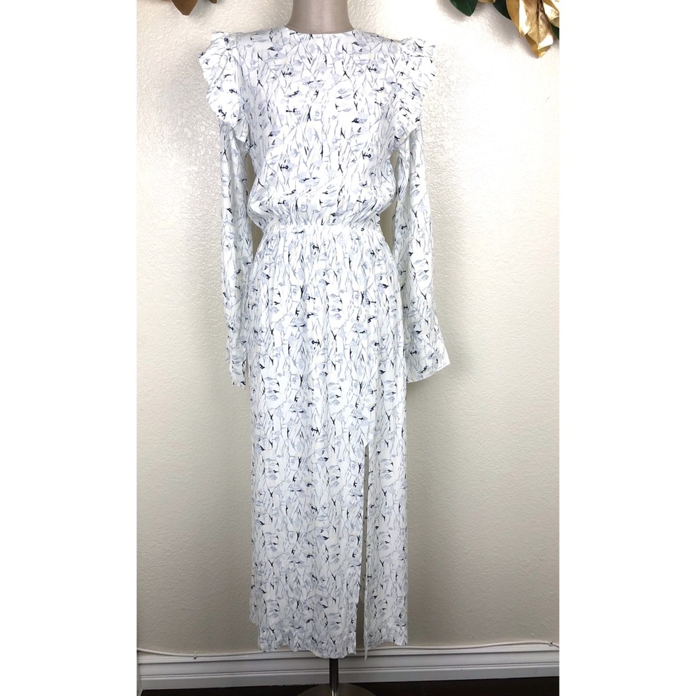 SWF White Ruffle Long Sleeve Dress with Slits